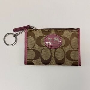 Coach Brown Signature Card Case Keychain with Pink Trim
